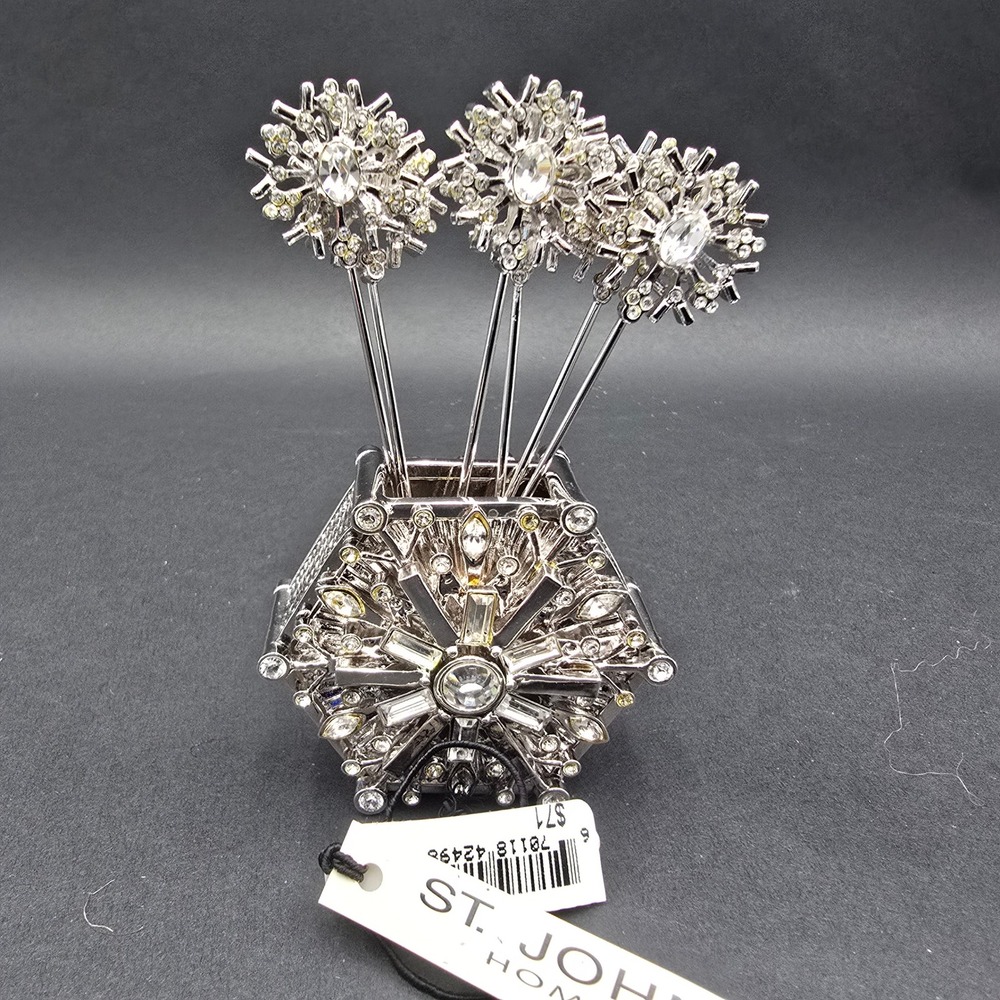 St. John Home Crystal Snowflake Cocktail Pick Set with Holder Silver Tone New